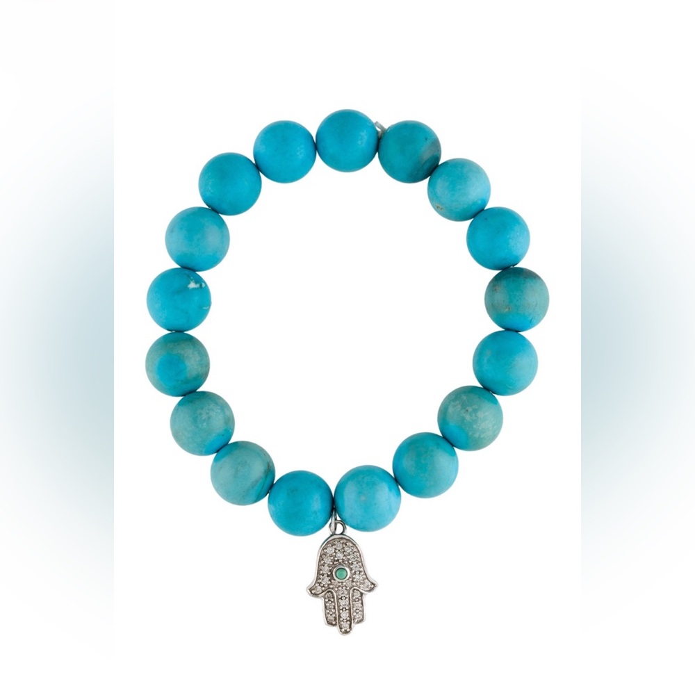 14K Dyed Magnesite, Turquoise and Diamond Hamsa Bead Bracelet.